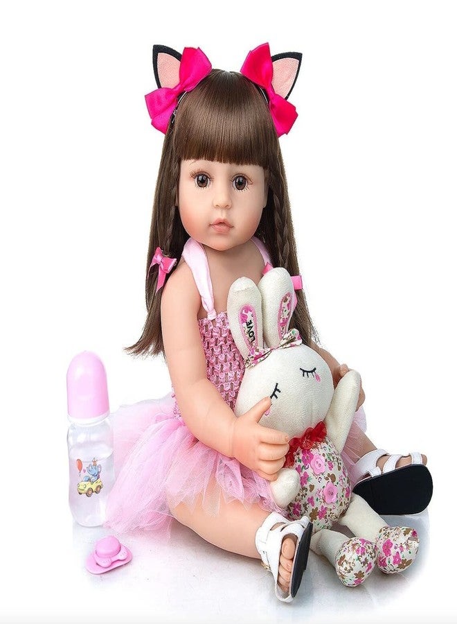 JETRA Baby Reborn Toddler Baby Dolls Silicone Full Body Girl 22 inch Long Hair Anatomically Correct Waterproof Dolls Reborn Pink Dress Birthday Gift Set for Girls Pink Doll - Image 1